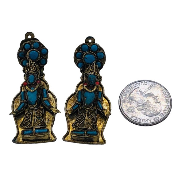 Artesian Nepal Hand Crafted Brass Turquoise Coral King Buddha Clip Earrings - Picture 4 of 10
